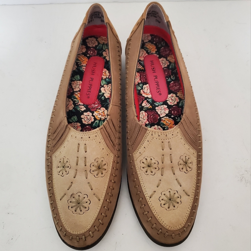 Hush Puppies Marigold tan suede leather whipstitch comfort moccasin shoe 9 NWOB